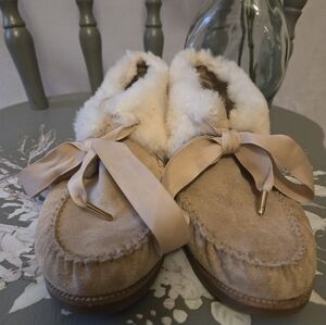 Tan and Cream Moccasin Slippers with Plush Lining